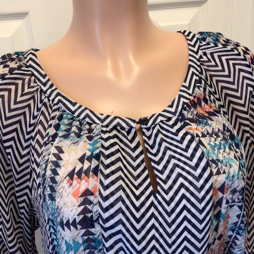 New Directions Womens Chevron Print Sheer Boho Peasant Blouse Top Size Large - Picture 2 of 7